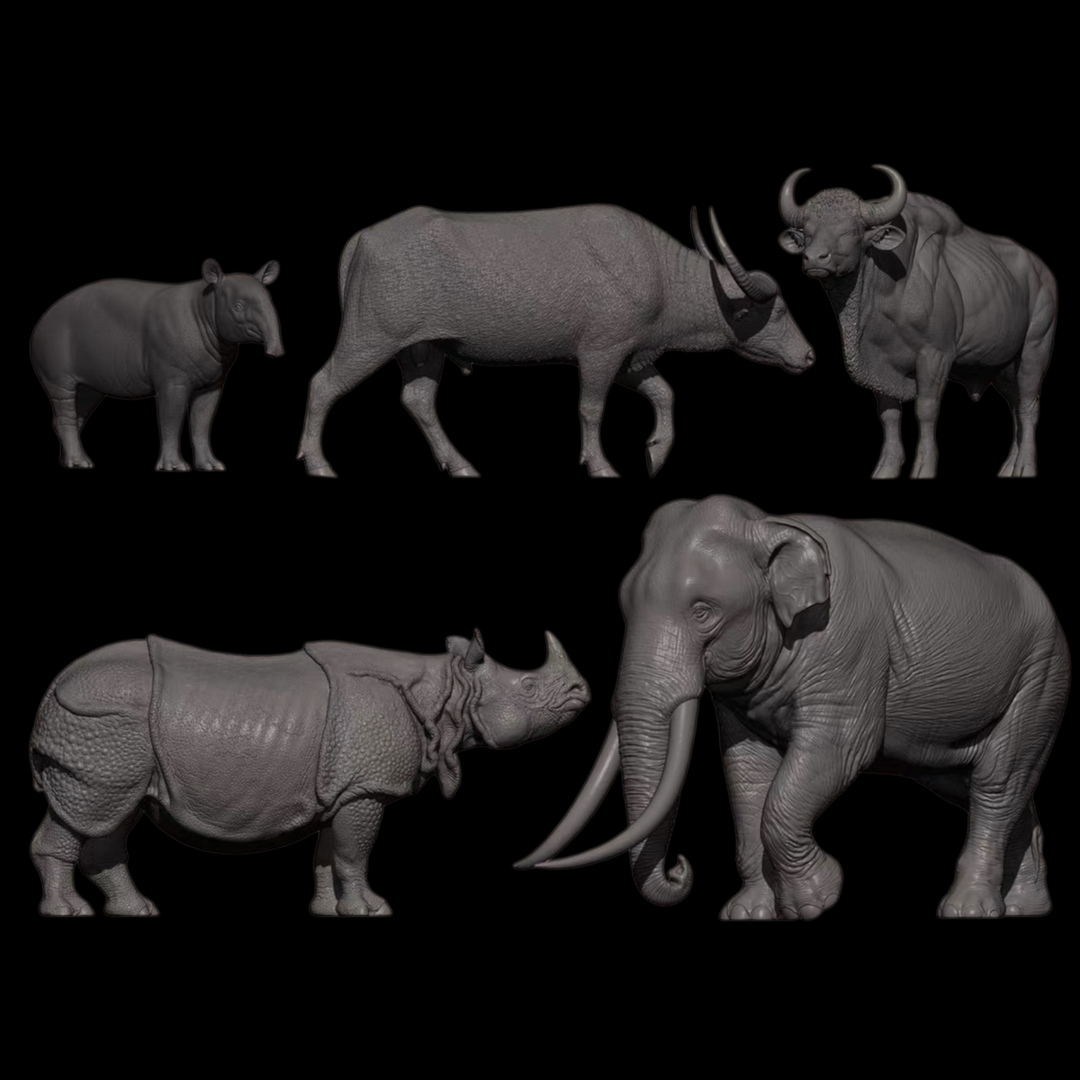 ASIAN MEGAFAUNA 1:35 — ASIAN ELEPHANT / INDIAN RHINO / GAUR / WILD WATER BUFFALO / MALAYAN TAPIR (GREY RESIN KIT / PAINTED EDITION)
