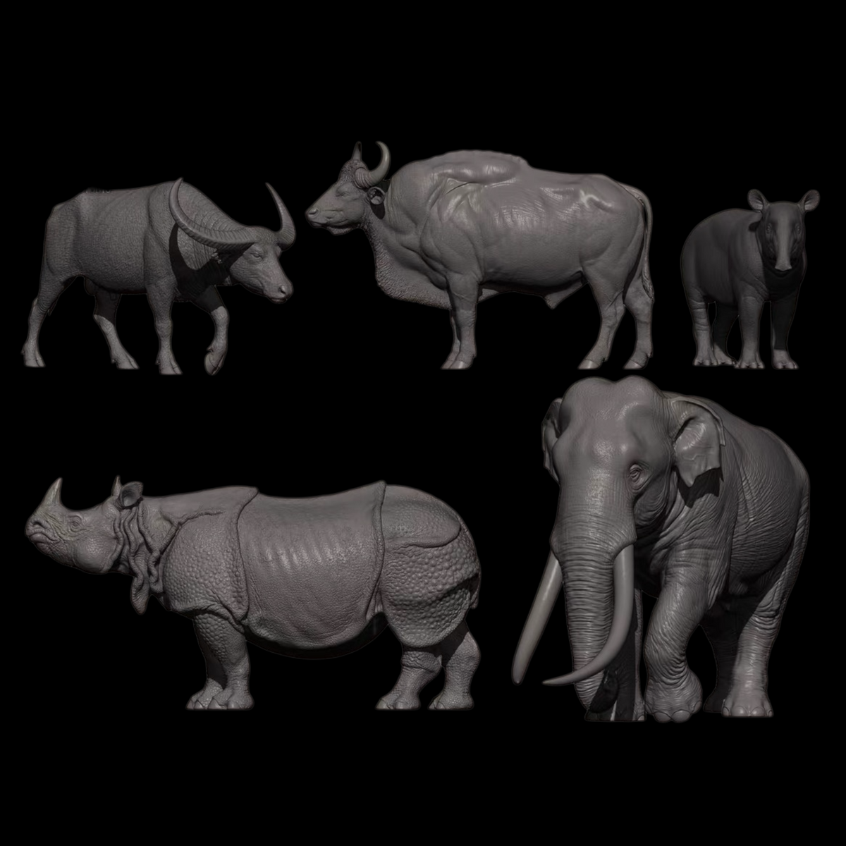ASIAN MEGAFAUNA 1:35 — ASIAN ELEPHANT / INDIAN RHINO / GAUR / WILD WATER BUFFALO / MALAYAN TAPIR (GREY RESIN KIT / PAINTED EDITION)