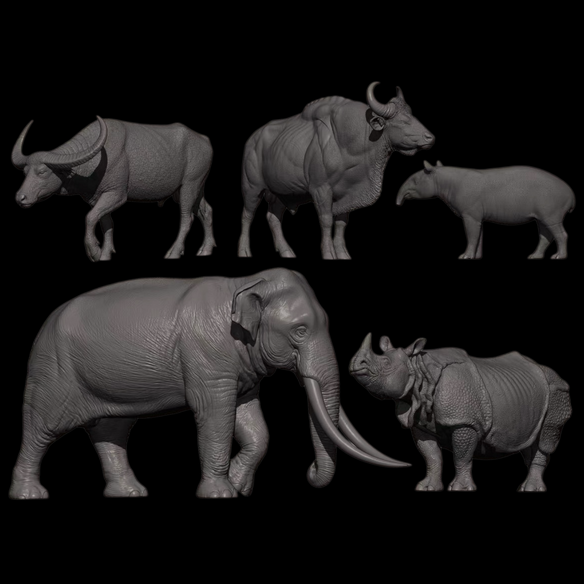 ASIAN MEGAFAUNA 1:35 — ASIAN ELEPHANT / INDIAN RHINO / GAUR / WILD WATER BUFFALO / MALAYAN TAPIR (GREY RESIN KIT / PAINTED EDITION)