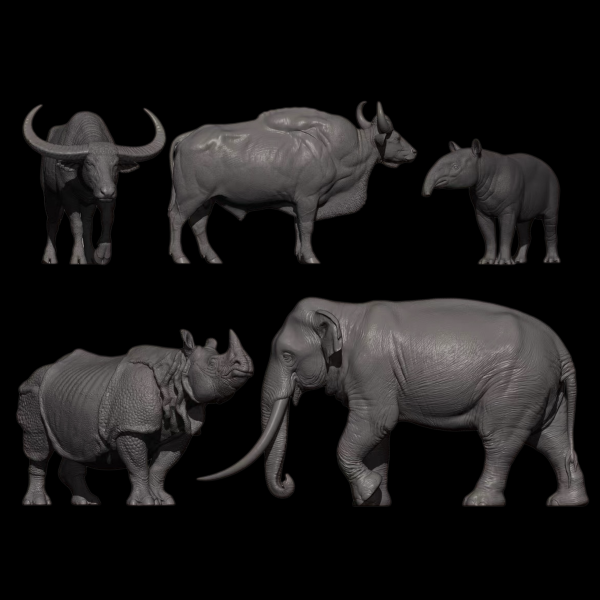 ASIAN MEGAFAUNA 1:35 — ASIAN ELEPHANT / INDIAN RHINO / GAUR / WILD WATER BUFFALO / MALAYAN TAPIR (GREY RESIN KIT / PAINTED EDITION)