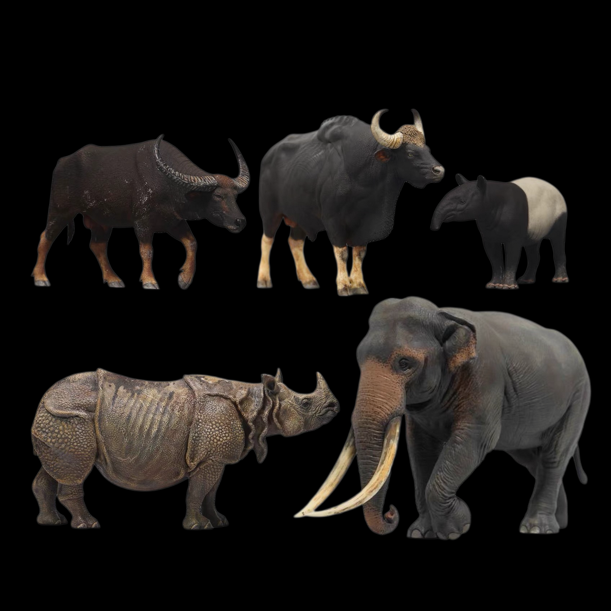 ASIAN MEGAFAUNA 1:35 — ASIAN ELEPHANT / INDIAN RHINO / GAUR / WILD WATER BUFFALO / MALAYAN TAPIR (GREY RESIN KIT / PAINTED EDITION)