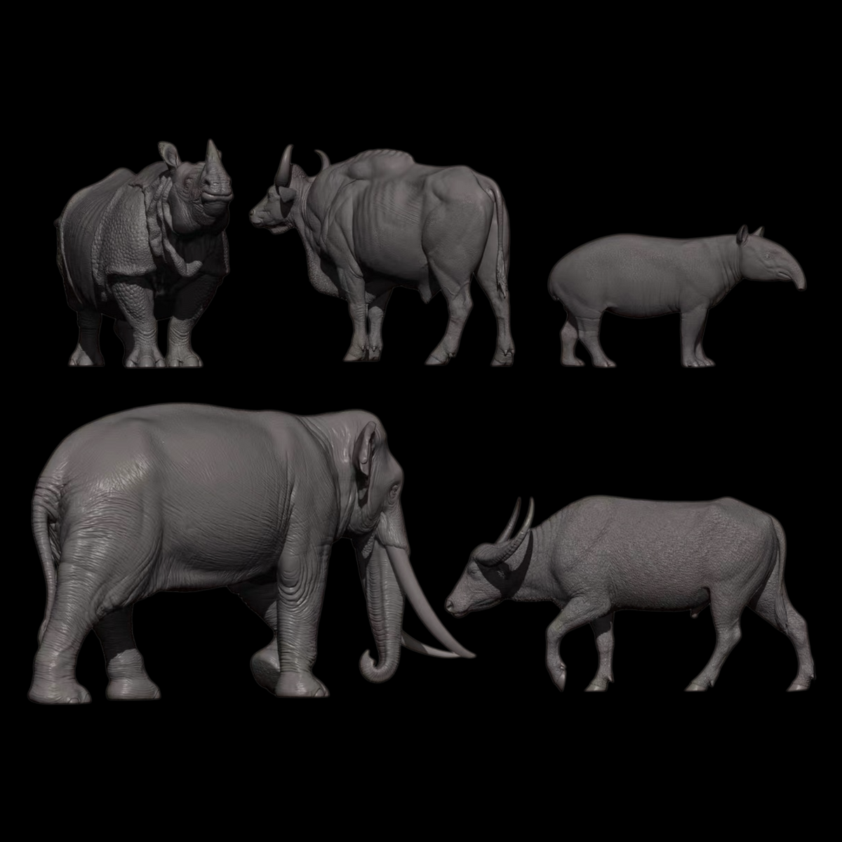 ASIAN MEGAFAUNA 1:35 — ASIAN ELEPHANT / INDIAN RHINO / GAUR / WILD WATER BUFFALO / MALAYAN TAPIR (GREY RESIN KIT / PAINTED EDITION)